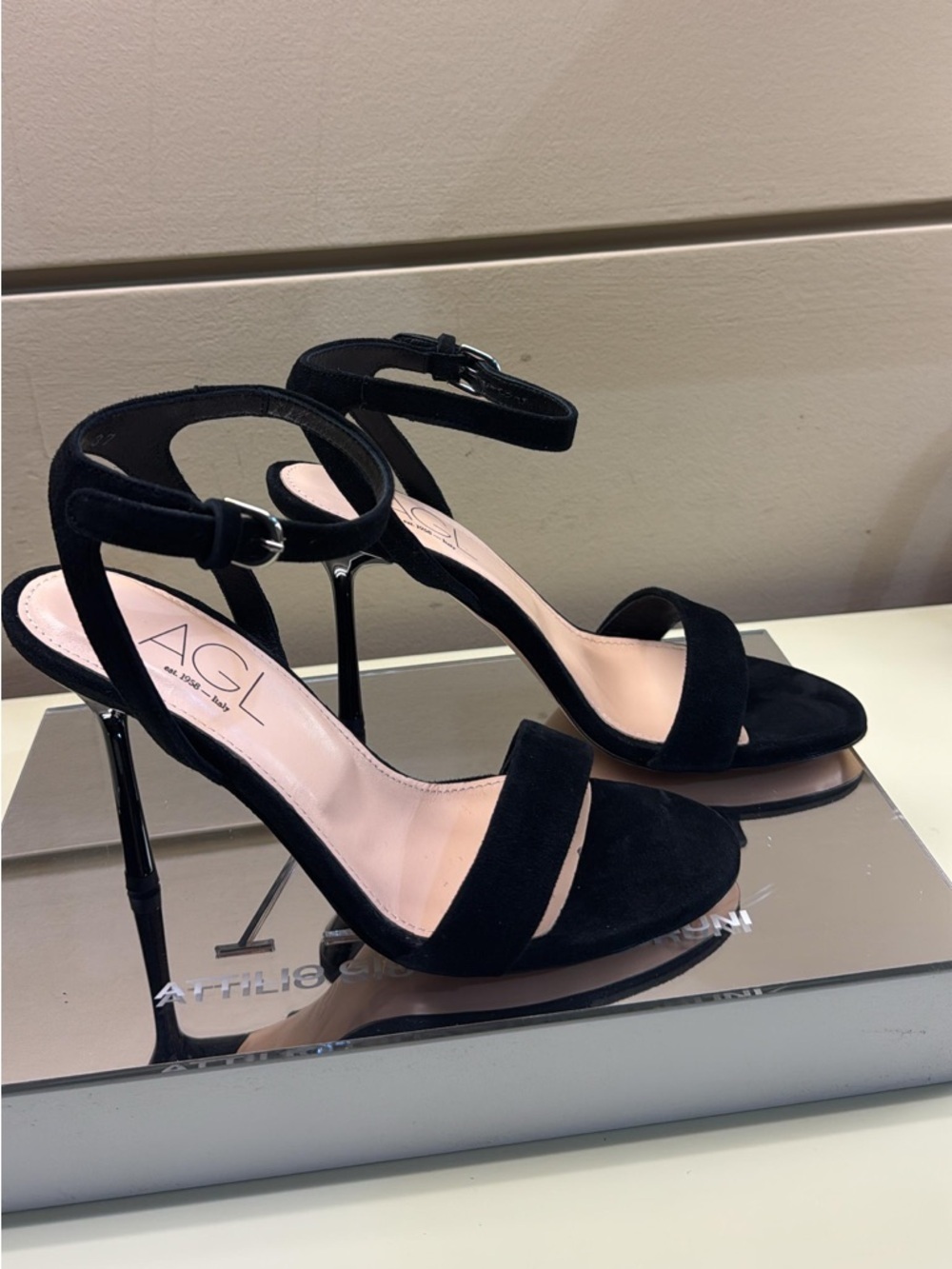 AGL made in Italy Black Suede leather Ankle-Strap Stiletto Sandals